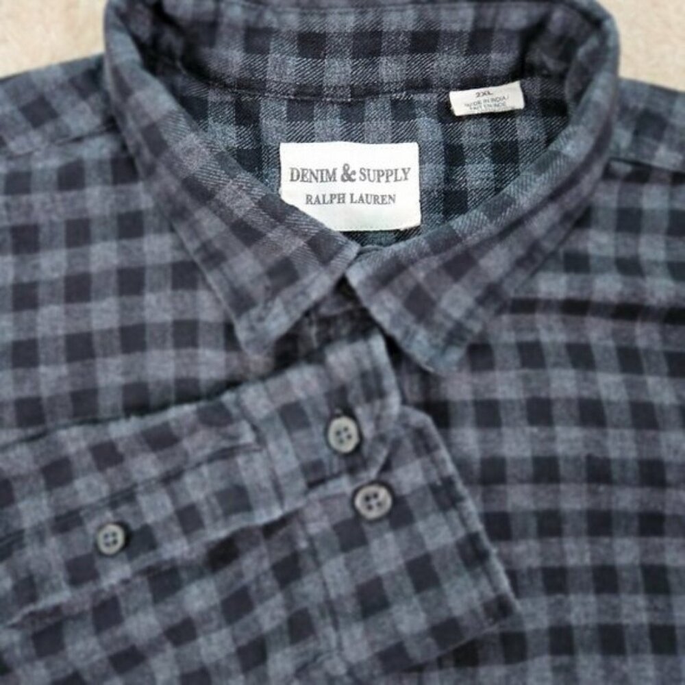 Denim&Supply Ralph Lauren Button-Down Shirt Black Gray Plaid Checkered Mens 2XL